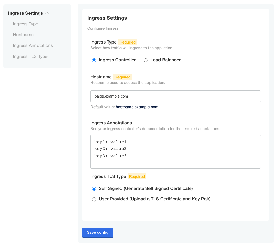 Config page with custom annotations in a Ingress Annotations field